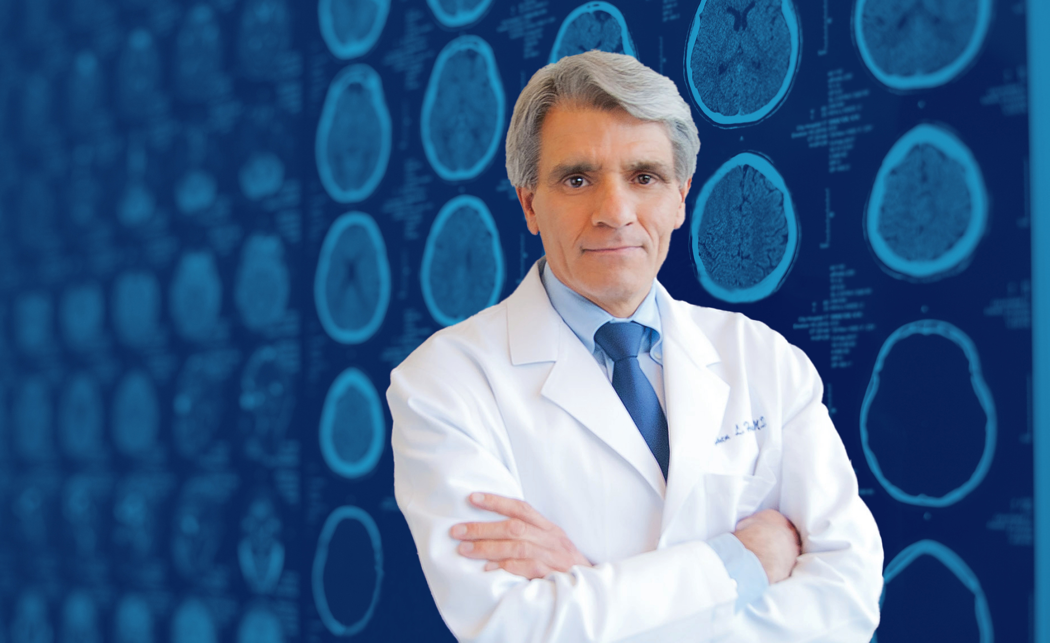 A photo of Stephen Hauser in a doctor's coat with a blue tinted graphic behind him of brain scan images