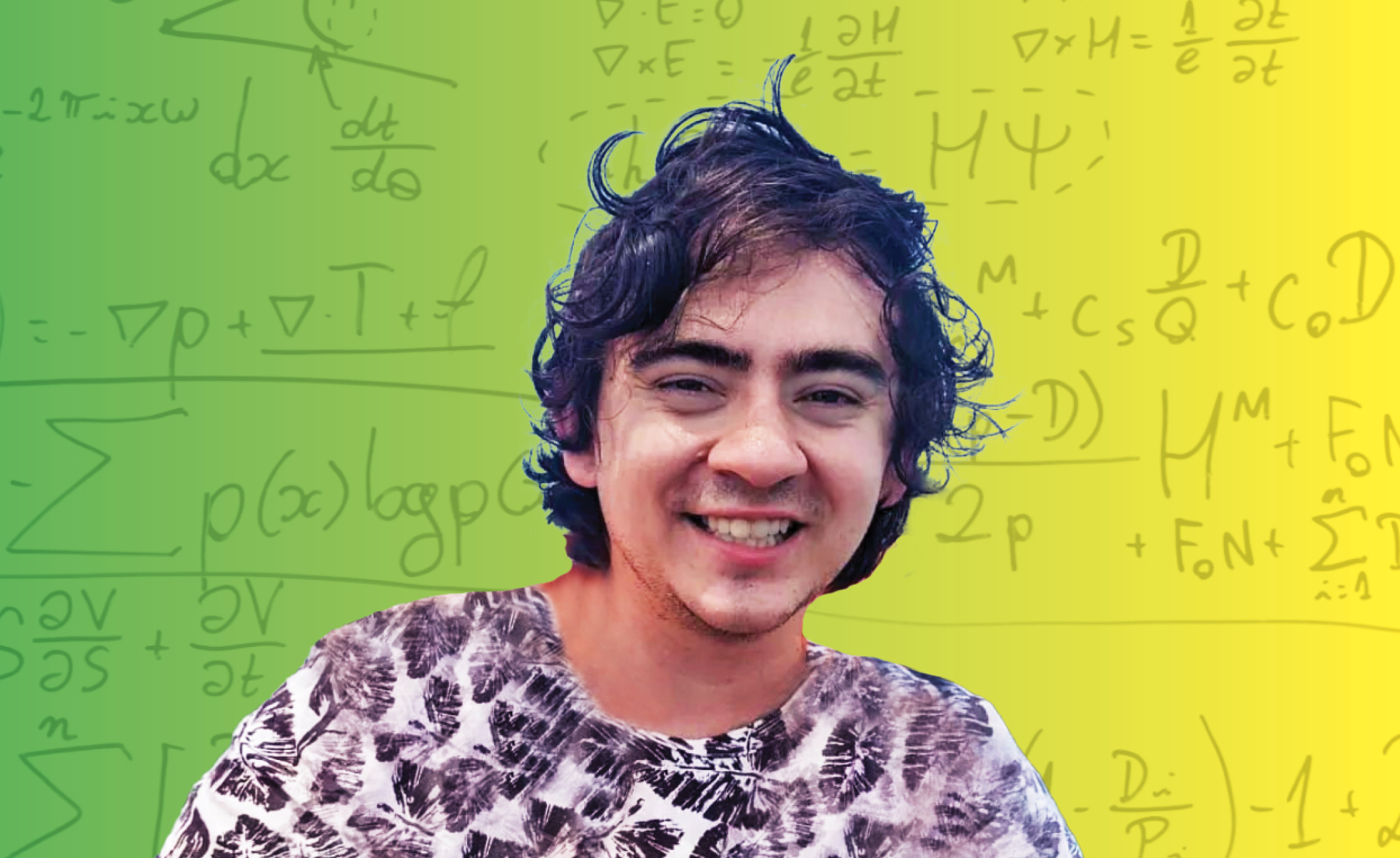 A photo of José Esparza Lozano with a background of math equations behind him tinted green to yellow gradient