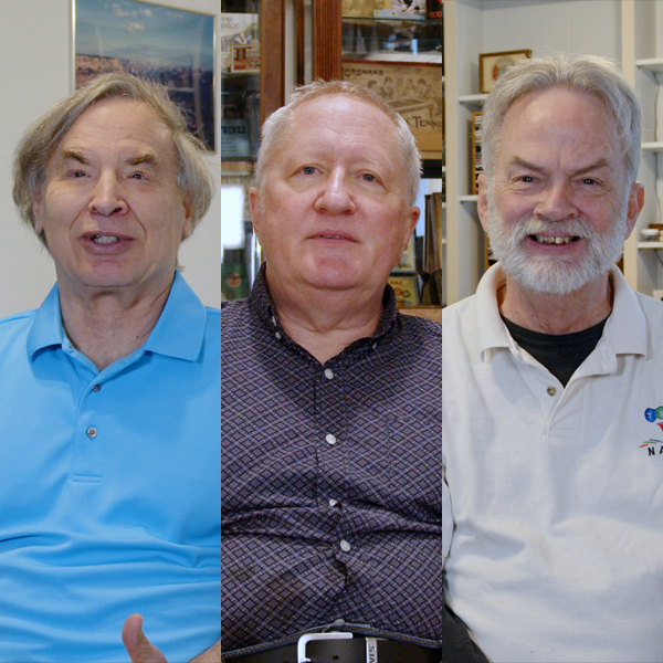 A photo of Larry Kahn ’75, SM ’76, David Lockwood ’75, and Rick Tucker ’80