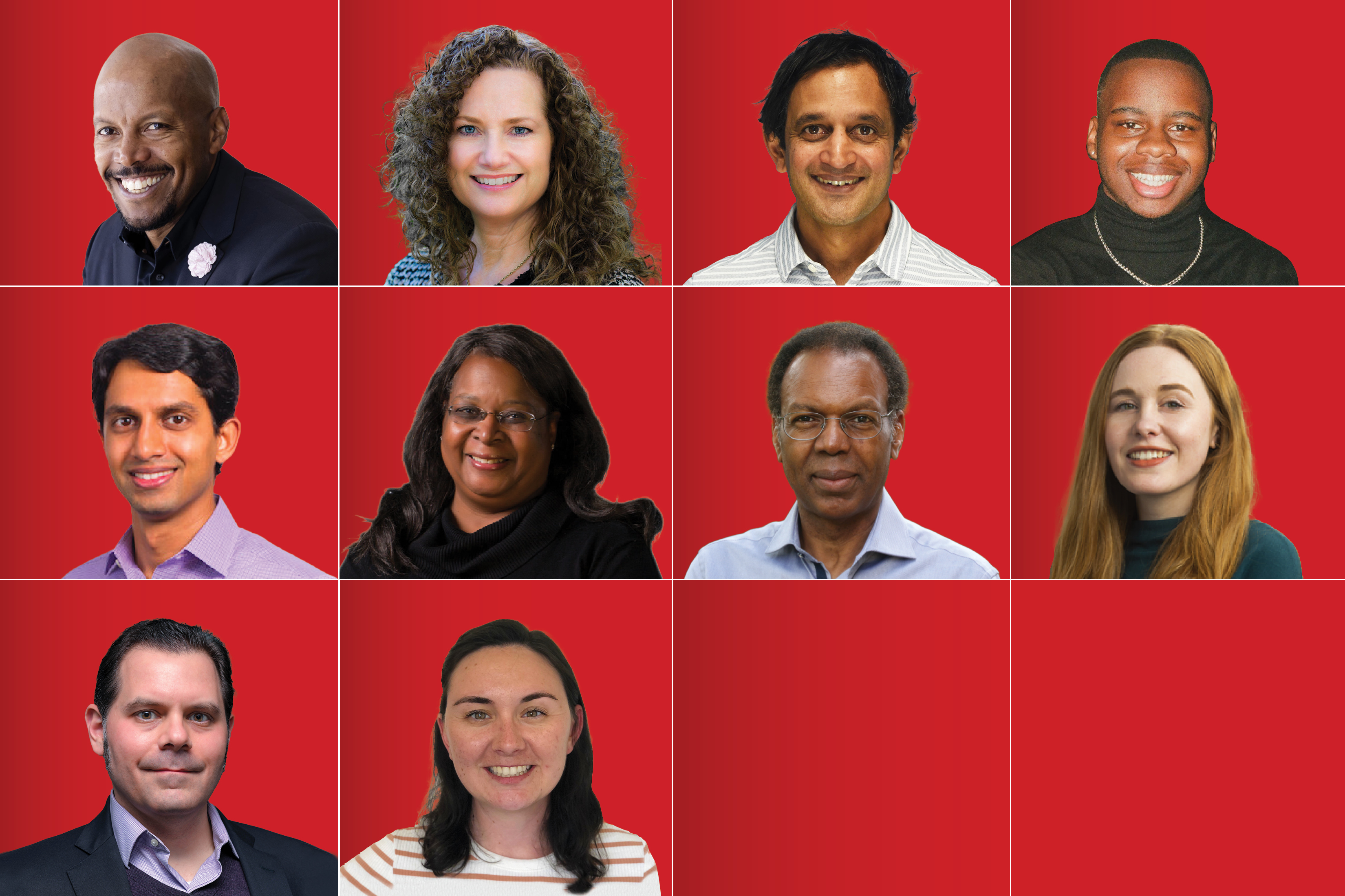 Collage of photos of people over a red background, with 12 squares and 10 filled with the silhouette of a person 