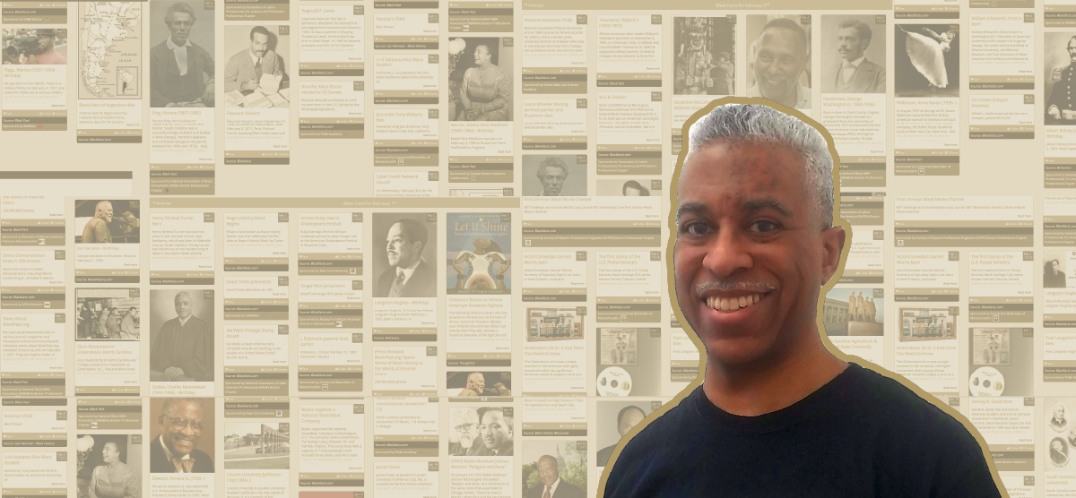 Ken Granderson stands in front of a collage of Black History facts from his website