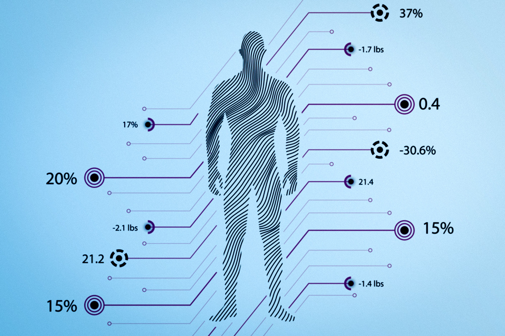 The outline of a human body with lines and numbers surrounding 