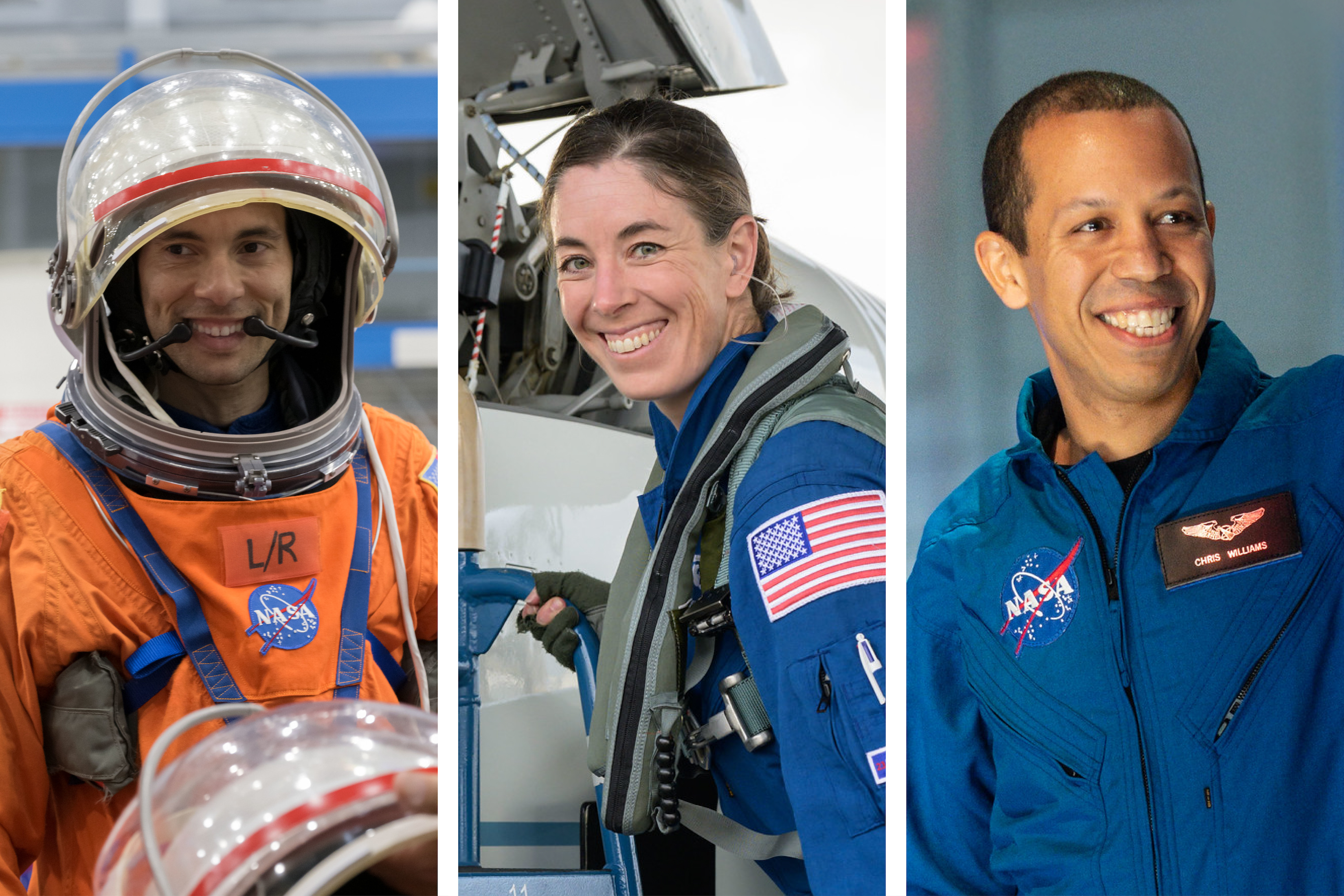 Three individual portraits of astronauts appear side by side. From left, Marcos Berrios in an orange spacesuit and helmet; Christina Birch in a blue flightsuit with a jet cockpit just visible behind her; and Christopher Williams in a blue flightsuit.