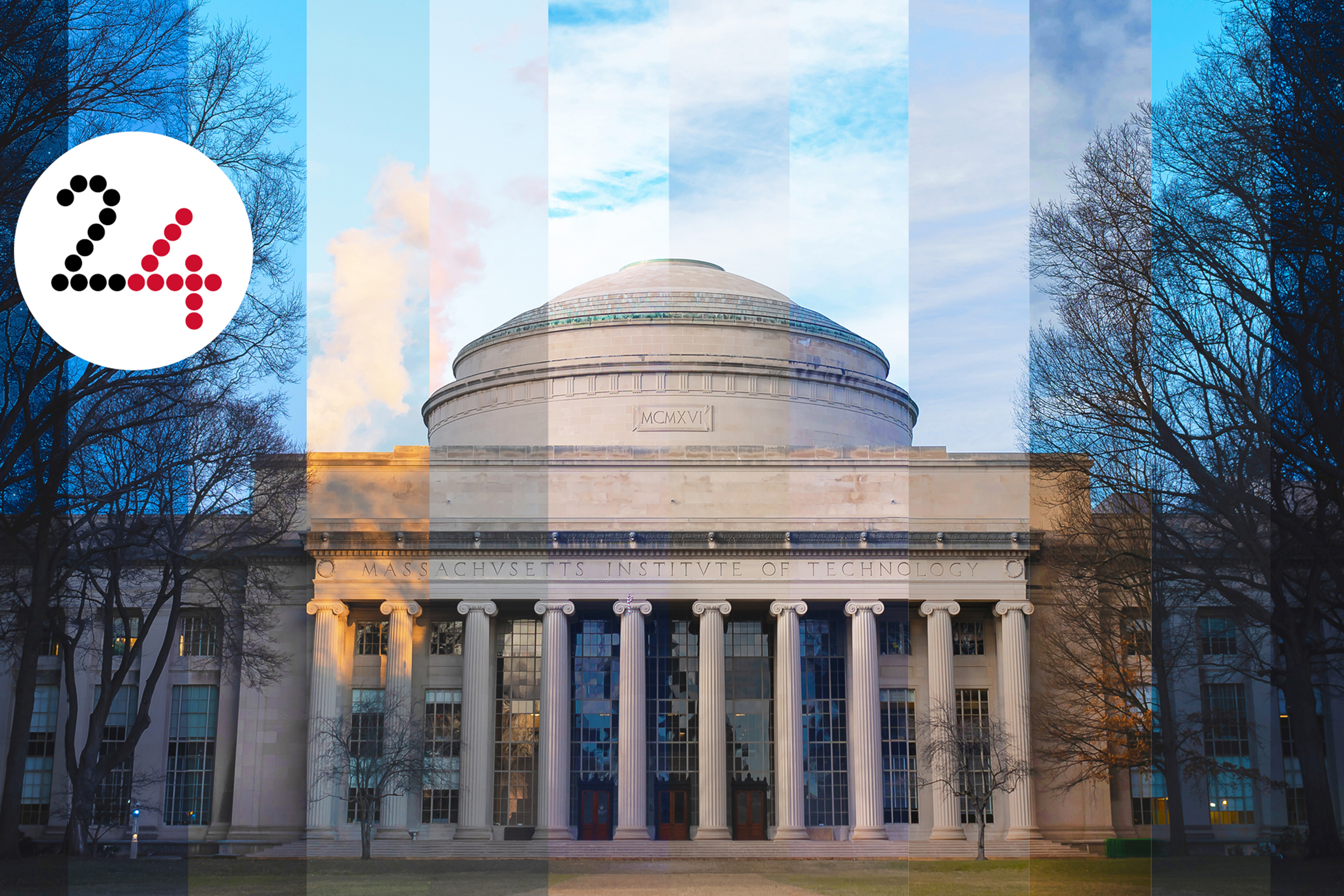 A photo of the MIT dome segmented into strips showing the lighting at different times of day from dawn at left to midday at center and dusk at right.  A 24 appears in a white circle overlay at top left.