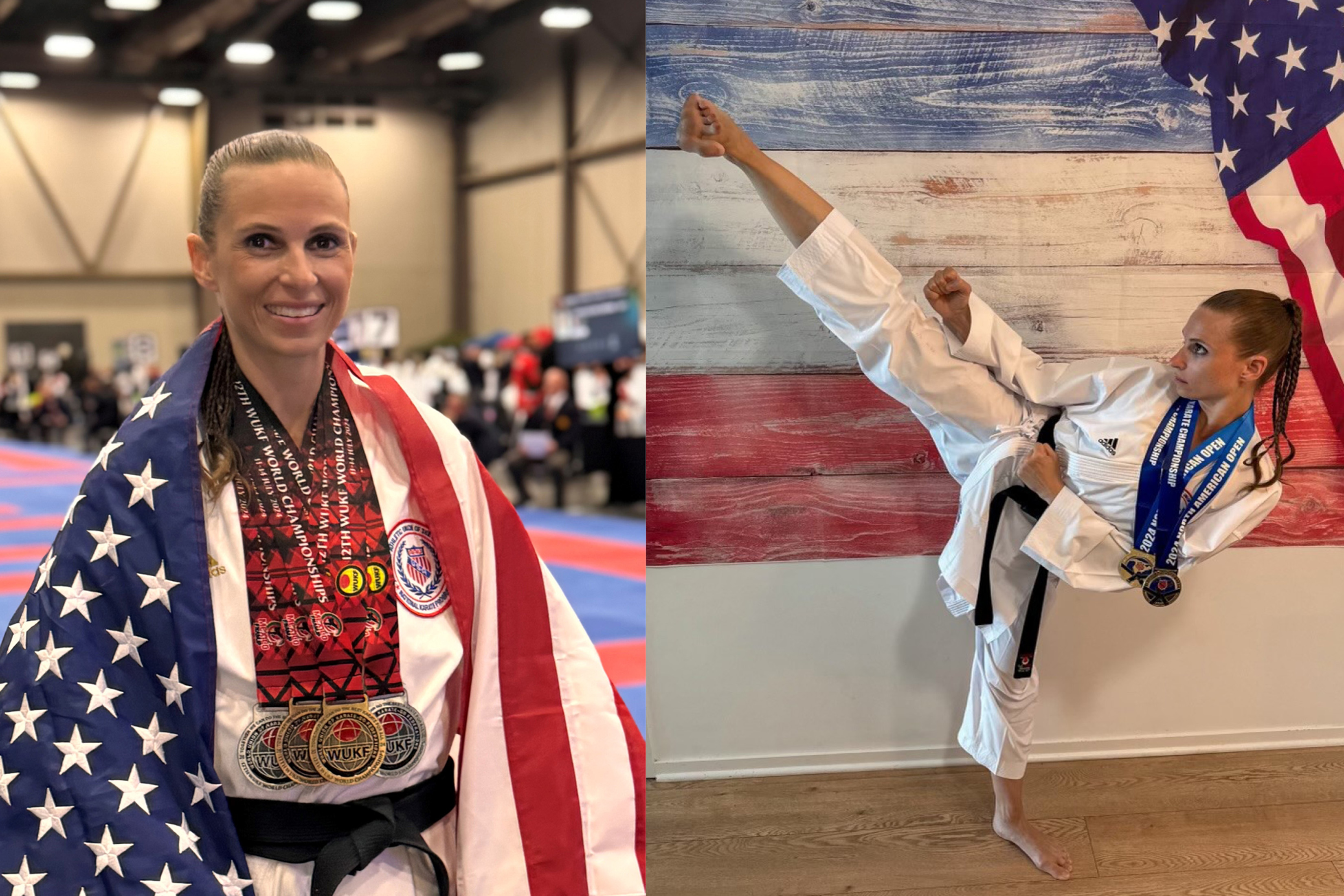 Noelle Kanaga DeLuca ’06 is shown in two side-by-side images. On the left, she is draped in an American flag and wearing multiple medals around her neck. On the right, she is performing a kick wearing karate clothes and medals.