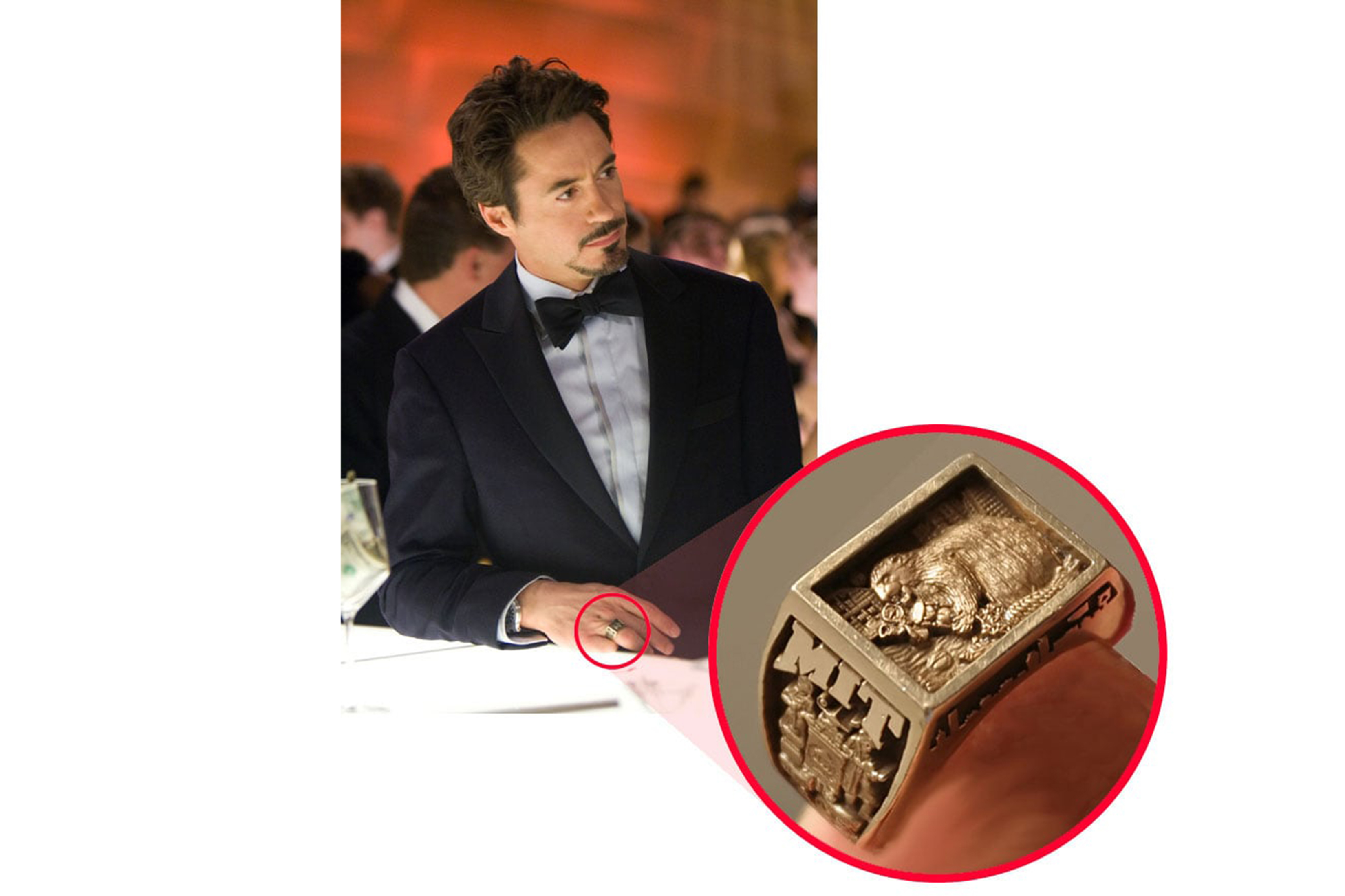 A photo from the movie Iron Man showing character Tony Starks leaning on a bar in a tuxedo and a close up of the ring he's wearing which is an MIT Brass Rat